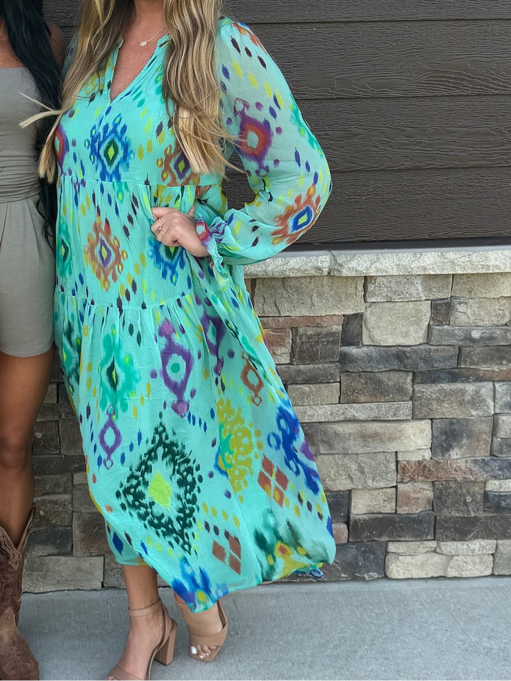 Anthropologie Aqua Teal Ikat Tiered Midi Dress